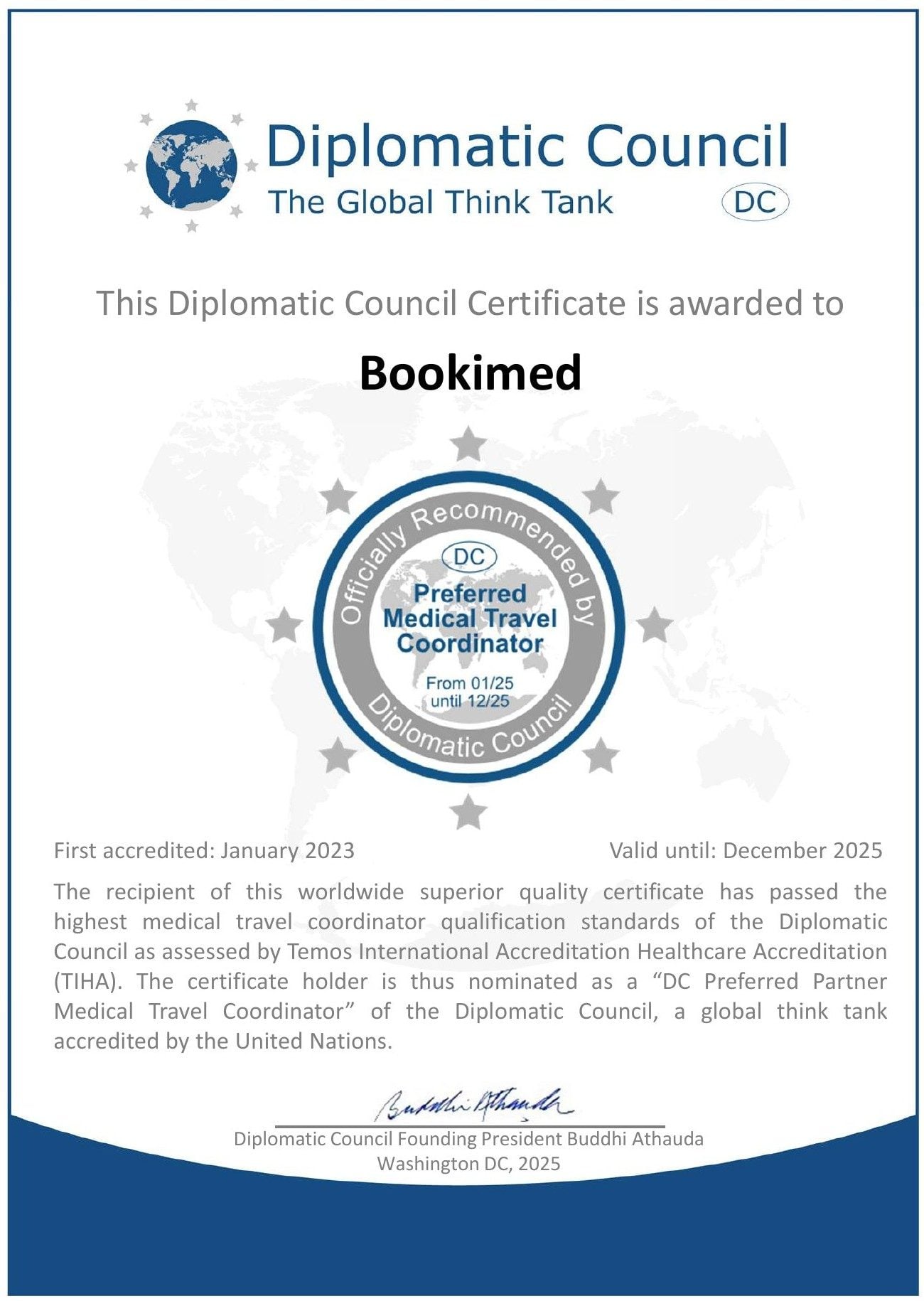 Diplomatic Council certificate awarded to Bookimed as DC Preferred Partner Medical Travel Coordinator, first accredited January 2023, valid until December 2025.