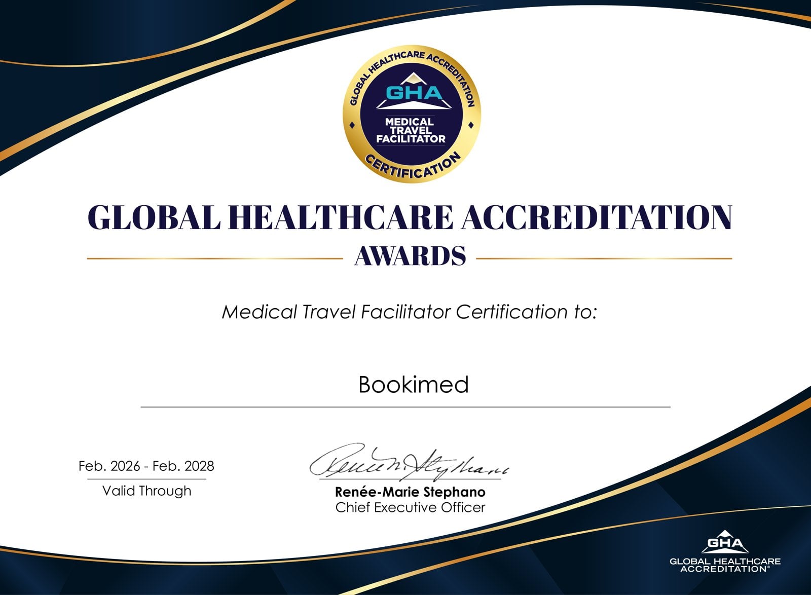 GHA Medical Travel Facilitator Certification awarded to Bookimed, valid February 2026 – February 2028.