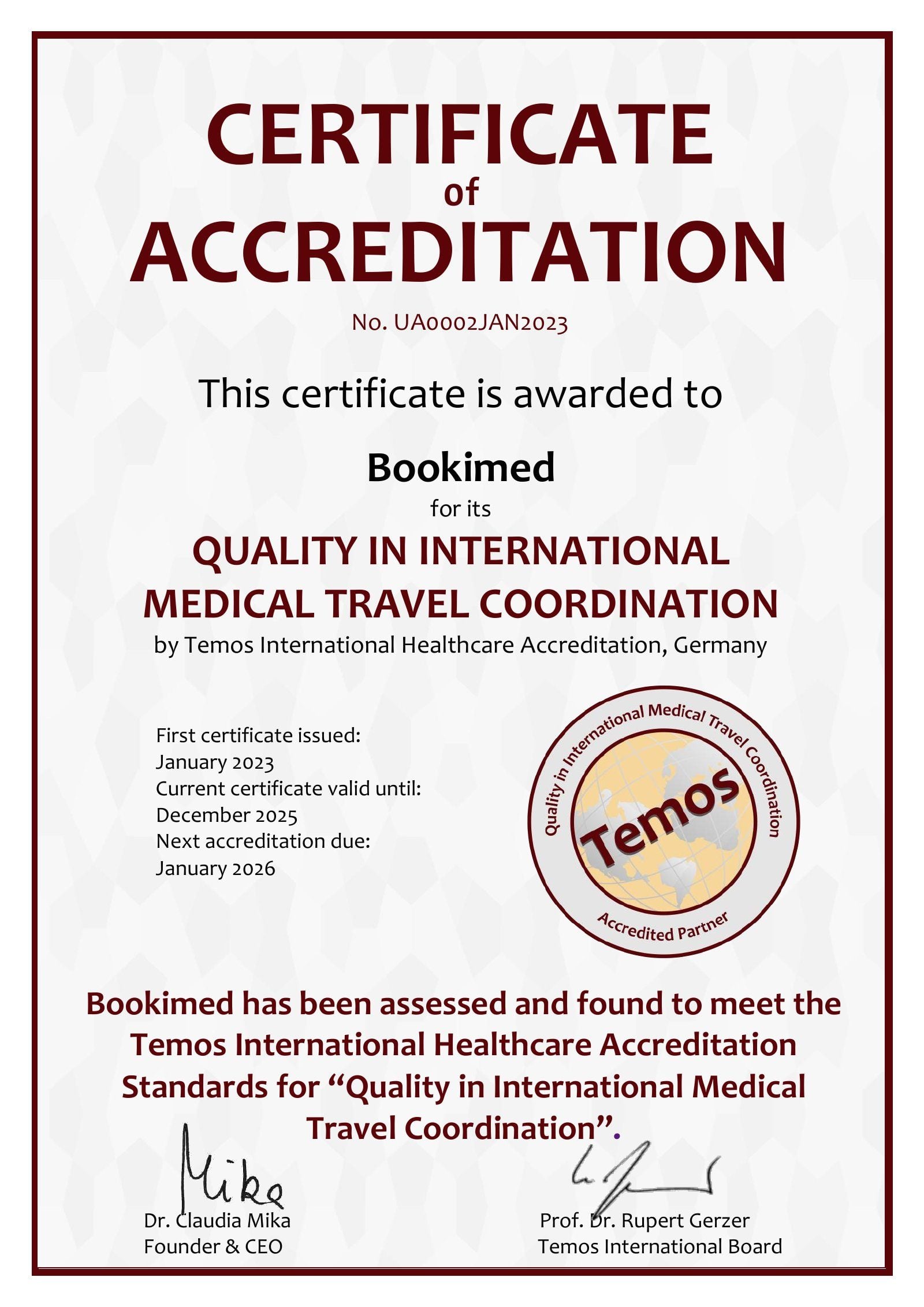 Temos certificate of accreditation No. UA0002JAN2023 awarded to Bookimed for Quality in International Medical Travel Coordination, first issued January 2023, valid until December 2025.